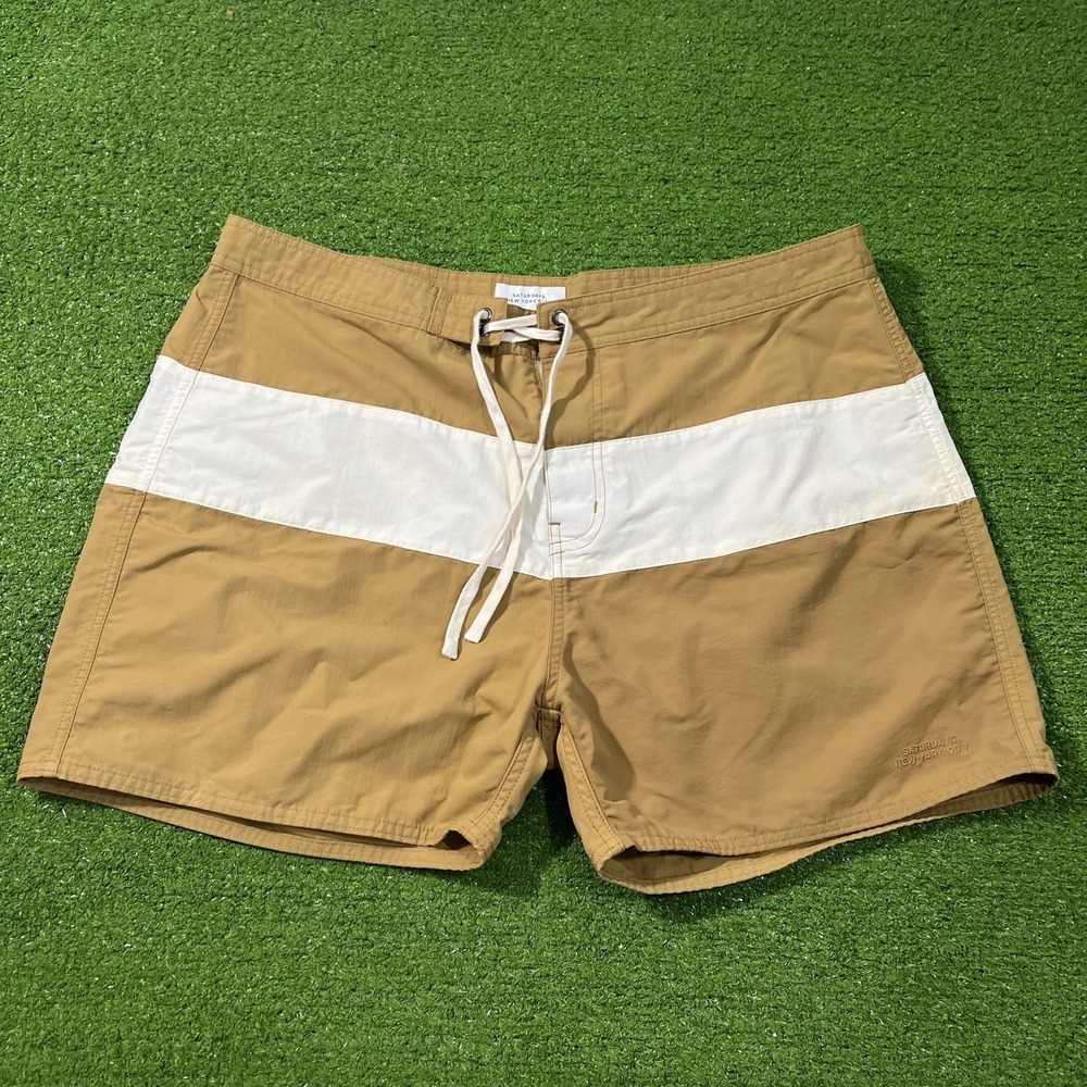 Saturdays NYC Swim Trunks 36 Khaki White Colorblock 4" Inseam Retro Board Short